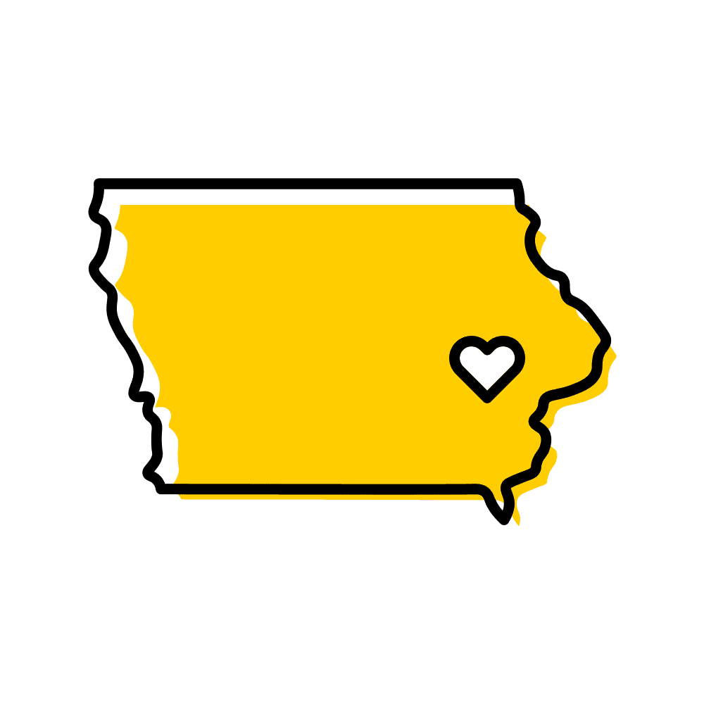 Gold line drawing of the state of Iowa with a heart over Iowa City