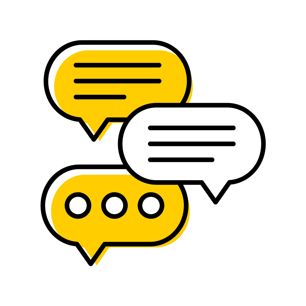 Three speech bubbles in black, gold, and white colors, without text inside.