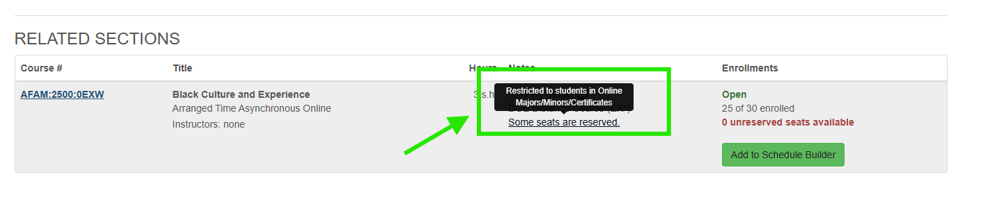 screen capture of course with square around verbiage about seat restriction