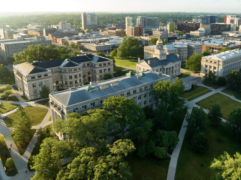 Aerial view of the University of Iowa campus at sunrise